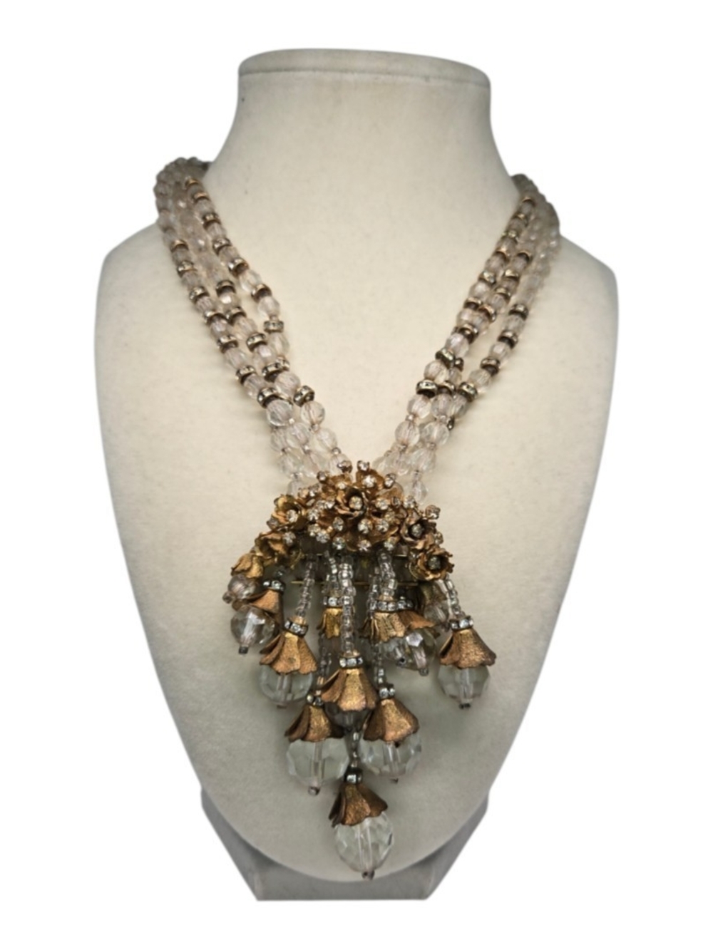 Miriam Haskell Gold and Clear Beaded Tassel Waterfall Necklace